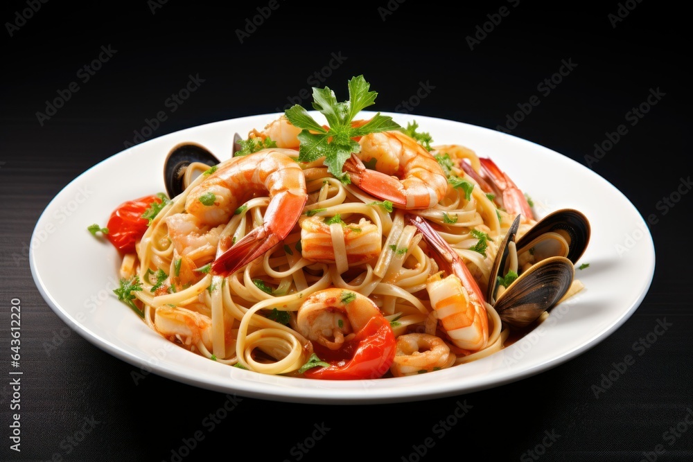 Italian pasta with seafood, tomatoes and basil Italian pasta with seafood, tomatoes and basil