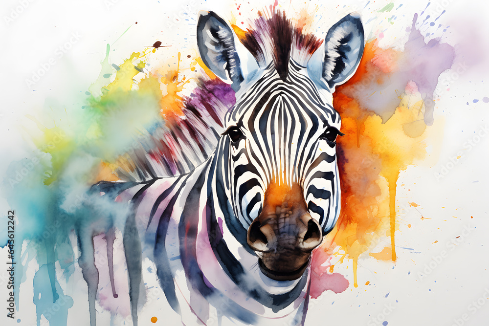 Modern colorful watercolor painting of a zebra, textured white paper background, vibrant paint splashes. Created with generative AI