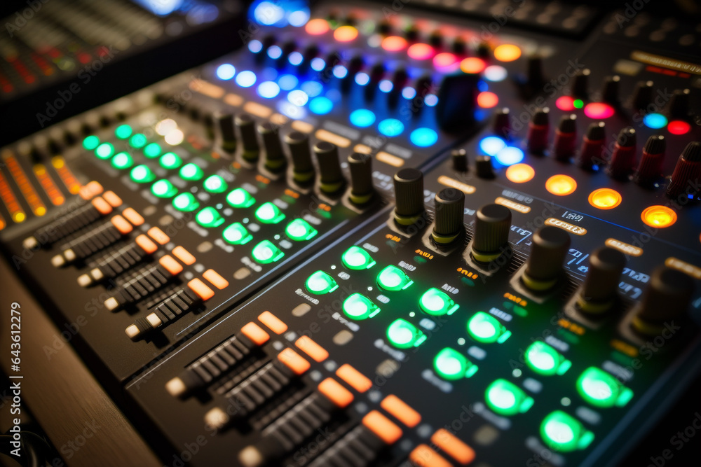 Sound mixer closeup with glowing lights at club party generative ai