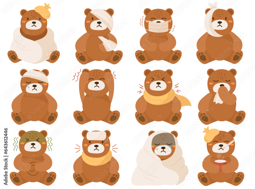 Fototapeta premium Cute little bear with flu cold or virus infection disease symptoms isolated set vector illustration