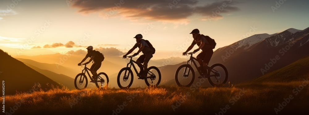 Obraz premium silhouette Three friends or athletes on electric bikes travel on vacation in beautiful mountains with a beautiful orange sunset.