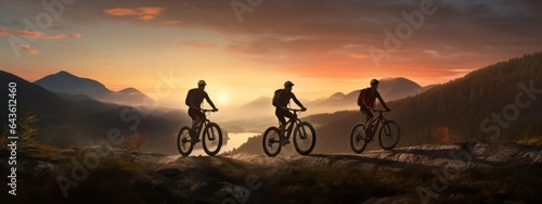 silhouette Three friends or athletes on electric bikes travel on vacation in beautiful mountains with a beautiful orange sunset.