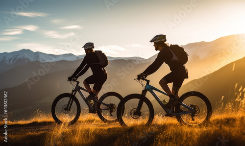 silhouette Three friends or athletes on electric bikes travel on vacation in beautiful mountains with a beautiful orange sunset.