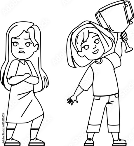kid girl winner looser vector. happy child, fun success, summer super, hero joy, female game kid girl winner looser character. people black line illustration
