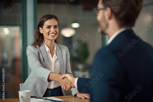 handshake, smiling mature business woman, at a job interview. shaking hands, happy professional bank manager, in business suit insurance agent, businesswoman, lawyer making a contract with a client at