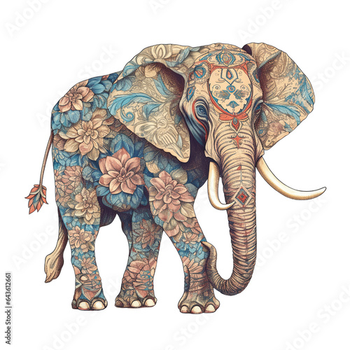An elephant, boho hippie illustration - Generative AI