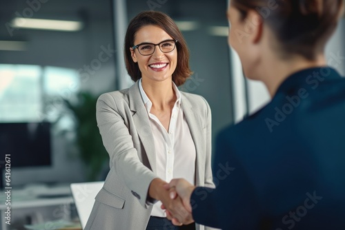 handshake, smiling mature business woman, at a job interview. shaking hands, happy professional bank manager, in business suit insurance agent, businesswoman, lawyer making a contract with a client at