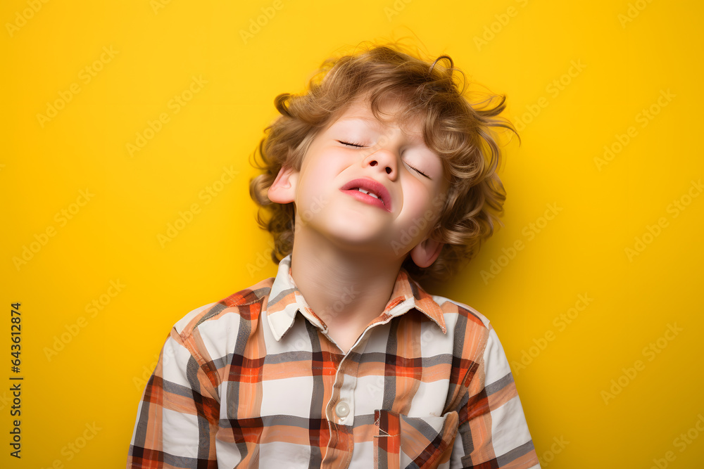 Studio portrait of a little boy being tired and sleepy, isolated on colorful background. Kids emotions or moods concept. Generative AI Studio portrait of a little boy being tired and sleepy, isolated on colorful background. Kids emotions or moods concept. Generative AI