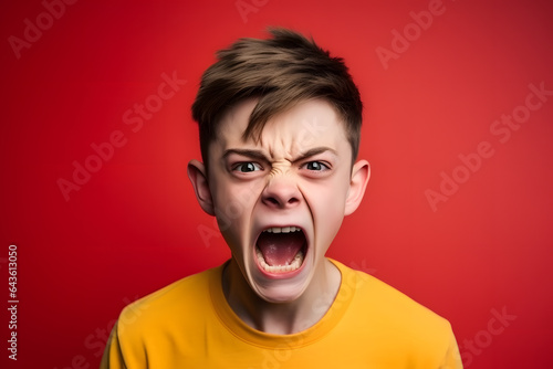 Studio portrait of a teenager boy being resentful and irritated, isolated on colorful background. Teenager emotions or moods concept. Generative AI