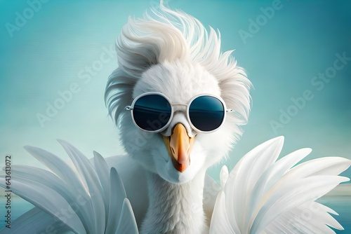 Creative animal concept. White swan bird in sunglass shade glasses