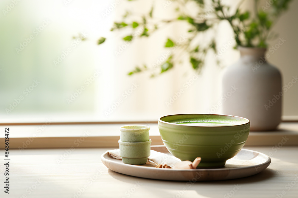 Japanese matcha tea ceremony. The composition centers on a finely crafted ceramic bowl filled with vibrant green matcha powder Japanese matcha tea ceremony. The composition centers on a finely crafted ceramic bowl filled with vibrant green matcha powder