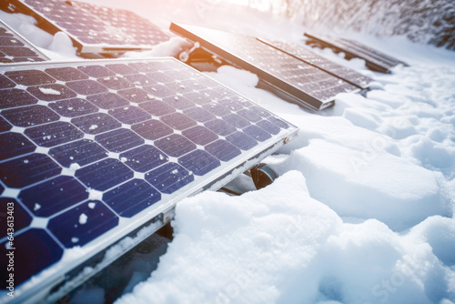 A photo of snow-dusted solar panels, underscoring the challenge of maintaining energy production from photovoltaic systems during winter.
