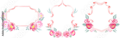 Watercolor vector pink rose, green leaves, crest and ribbons. Wedding frames with flowers and ribbons. Floral poster, invite. Vector arrangements for greeting card baby shower