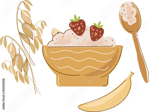 Set Oatmeal Breakfast, oat bowls. Cartoon doodle porridge with strawberries and bananas, boiled cereals and healthy food. Vector illustration.