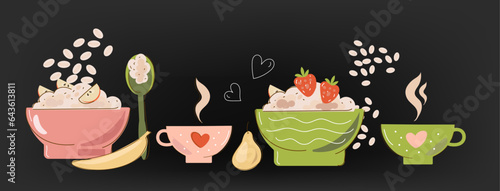 Set Oatmeal Breakfast, oat bowls. Cartoon doodle porridge with strawberries and bananas, boiled cereals and healthy food. Vector illustration.