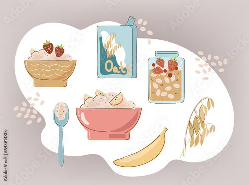 Set Oatmeal Breakfast, oat bowls. Cartoon doodle porridge with strawberries and bananas, boiled cereals and healthy food. Vector illustration.