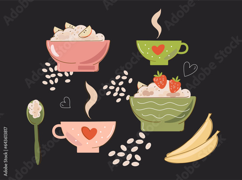 Set Oatmeal Breakfast, oat bowls. Cartoon doodle porridge with strawberries and bananas, boiled cereals and healthy food. Vector illustration.