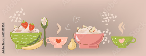 Oats bowl. Oatmeal breakfast cup, oat grain porridge.Cartoon doodle porridge with blueberries, boiled cereals and healthy food. Vector illustration.