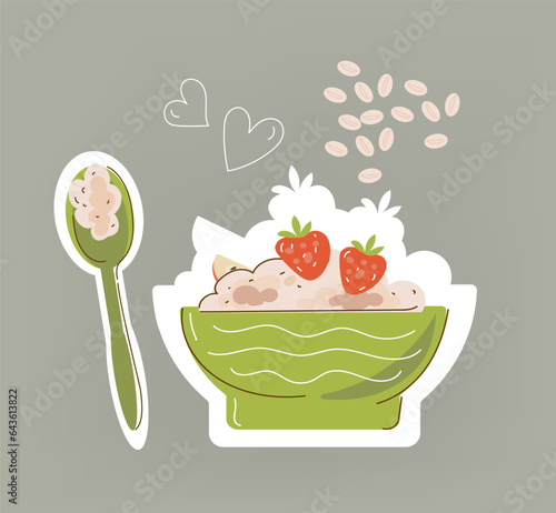 Oats bowl. Oatmeal breakfast cup, oat grain porridge. Cartoon doodle porridge with blueberries, boiled cereals and healthy food. Vector illustration.