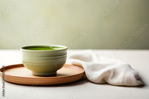 Japanese matcha tea ceremony. The composition centers on a finely crafted ceramic bowl filled with vibrant green matcha powder