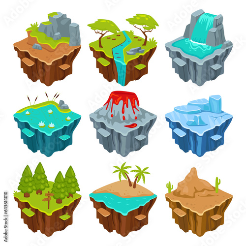 Floating natural island pieces game asset set vector illustration isolated on white background