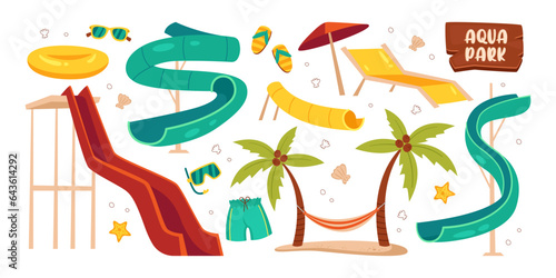 Aqua park water slide, summer beach accessories and rest equipment set vector illustration