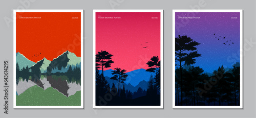 Cover design with light and shadow multicolor of a landscape with mountains, forests. Ideas for magazine covers, brochures and posters. Vector illustration.