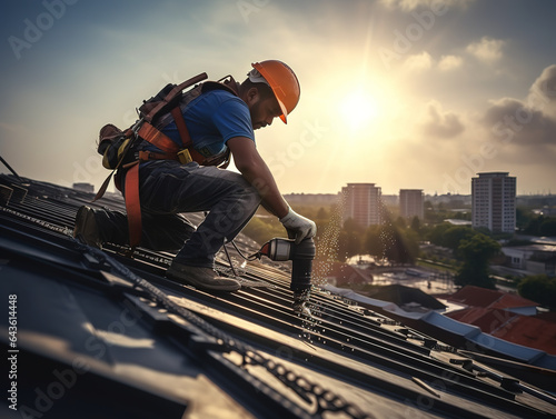 Construction worker wearing safety uniform using electric machine tool during working on roof structure of building on construction site at sunset. photo