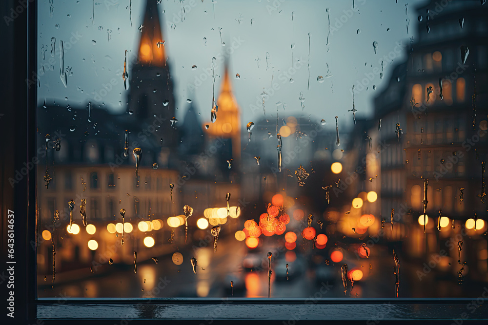 Fototapeta premium Christmas lights blurred in the foreground with a city