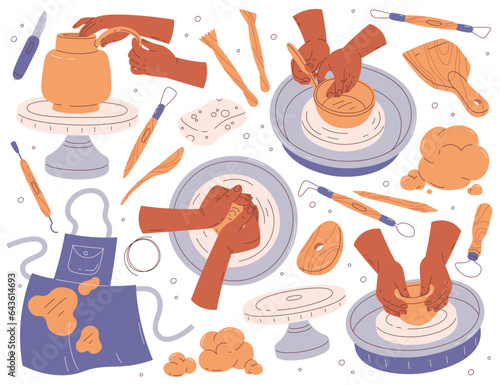 Human hands using pottery workshop tools for clay crafting, modeling and making ceramic pot set