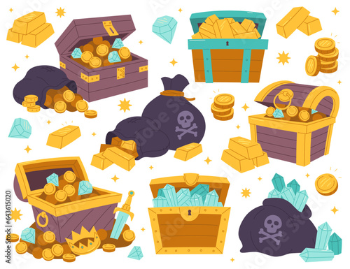 Ancient treasure chest, bag or sack with golden coins, jewelry gems game asset isolated set