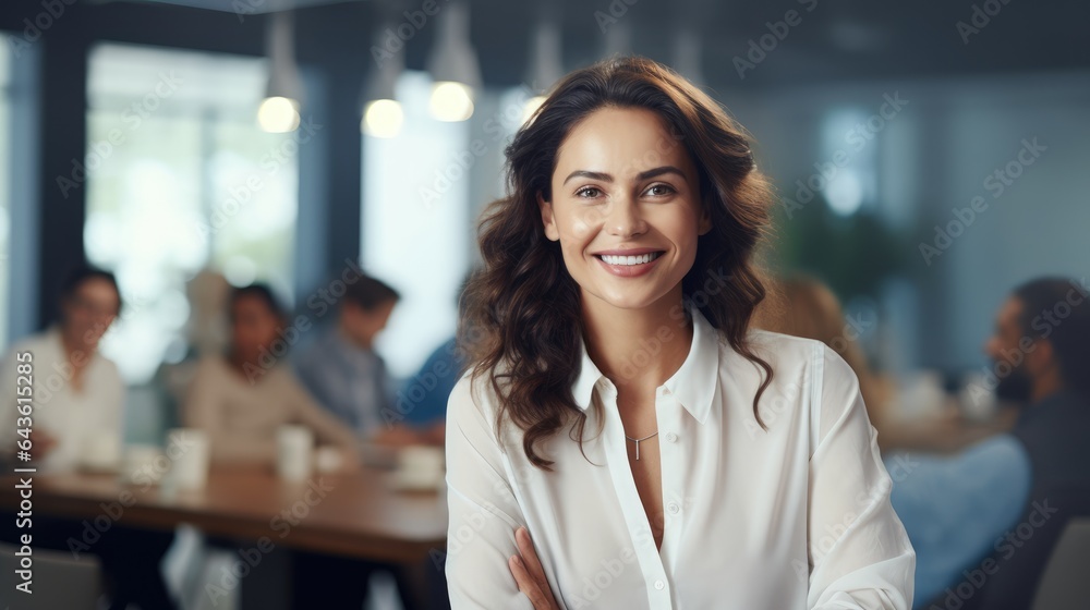 leader businesswoman in a boardroom with blurred officers background in office, Successful business team concept, Generative AI
