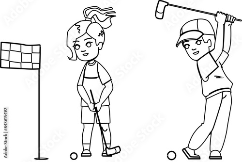 golf kid vector. sport child, activity lifestyle, game boy, course play, bag leisure golf kid character. people black line illustration