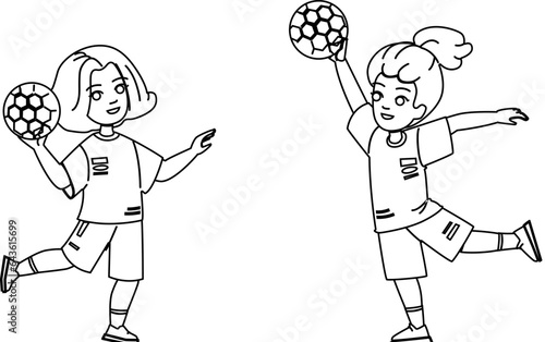 handball kid vector. sport child, soccer boy, volleyball activity, team play, children school handball kid character. people black line illustration