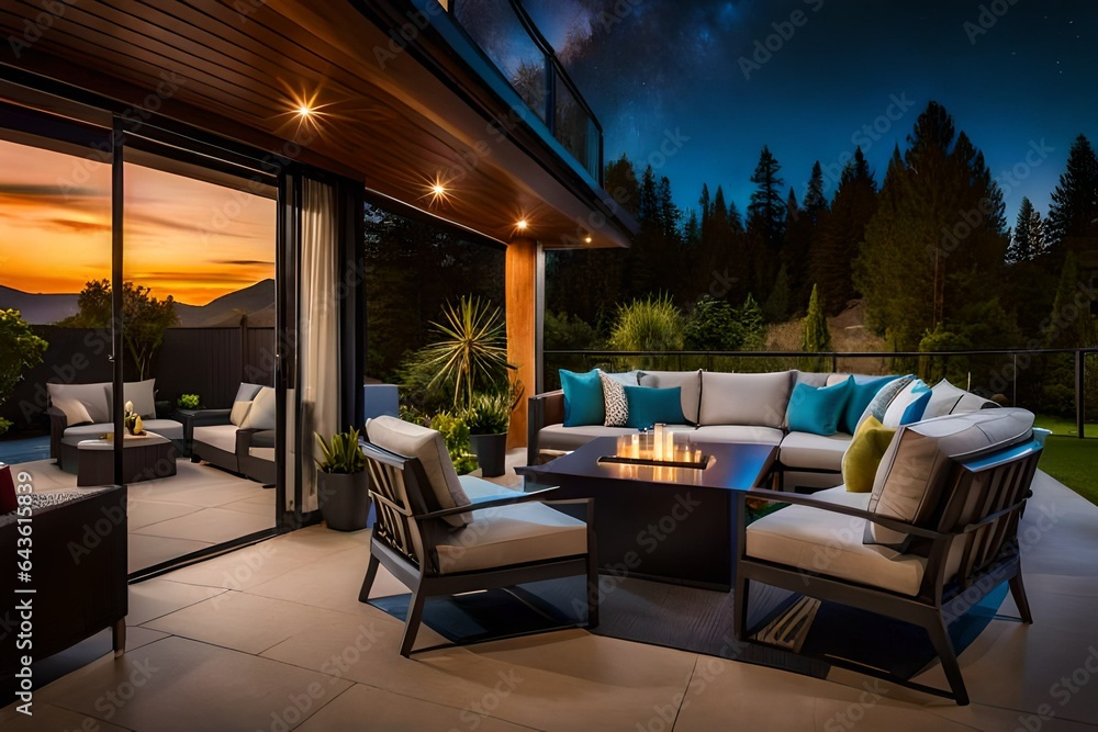  Cozy outdoor patio of home hotel interior in evening view .