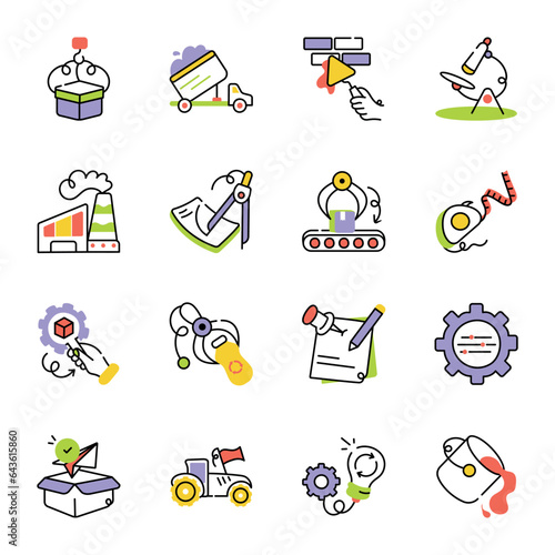 Bundle of Industrial Production Hand Drawn Icons 

