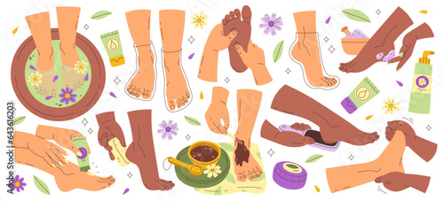 Woman foot skin spa care and treatment, pedicure and relax massage isolated set vector illustration