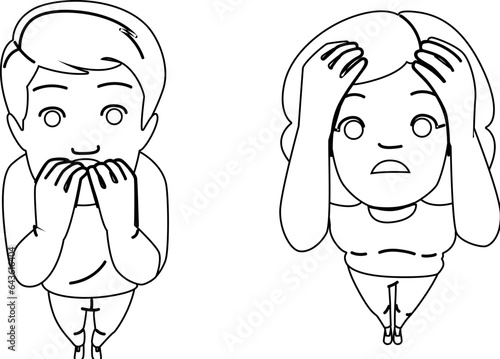 disorder fear attack vector. phobia panic, man woman, emotion sad disorder fear attack character. people black line illustration