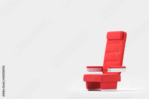 Isolated red airplane seat in the cabin. The concept of a business trip, vacation, flight on an airplane. Advertising of air flights, transport services, booking. Mock up. 3d rendering