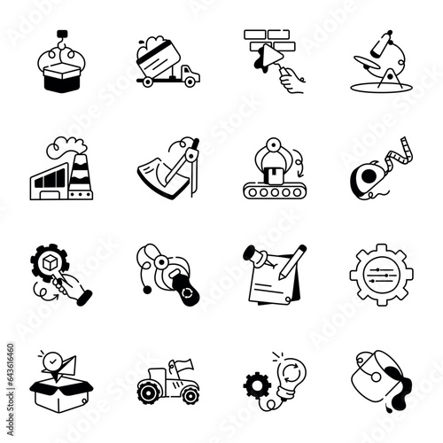 Bundle of Industrial Production Hand Drawn Icons 

