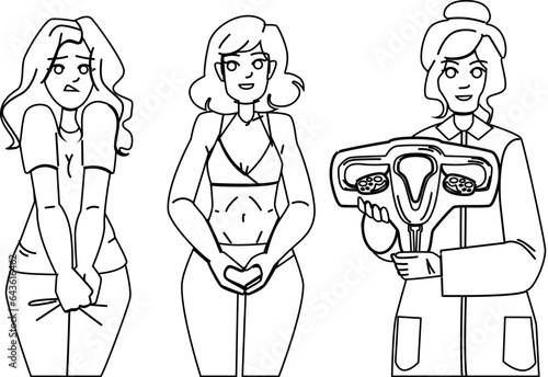 female urology vector. kidney woman, urinary incontinence, menopause doctor, health urine, bladder women female urology character. people black line illustration