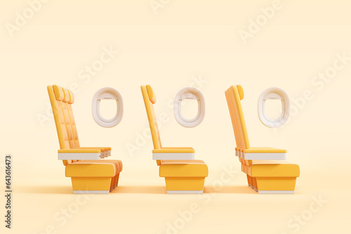 Three rows of yellow seats in the cabin. The concept of flight, buying plane tickets, business trip, vacation. Advertising of air flights, transport services, booking. 3d rendering