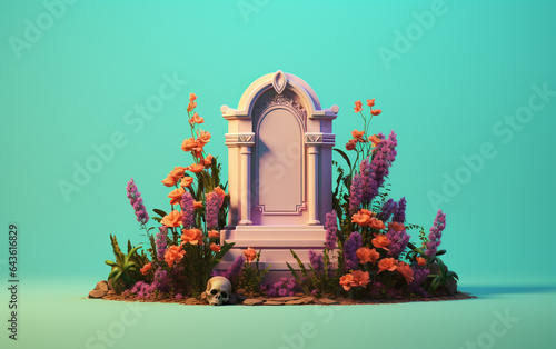 3D tombstone with flowers on solid background