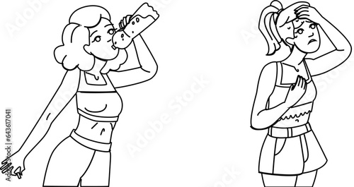 young dehydration people vector. summer person, temperature heat, water sweat young dehydration people character. people black line illustration