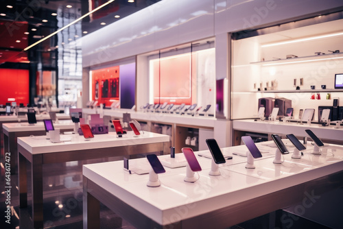 A modern smartphone shop with many different new phones. photo