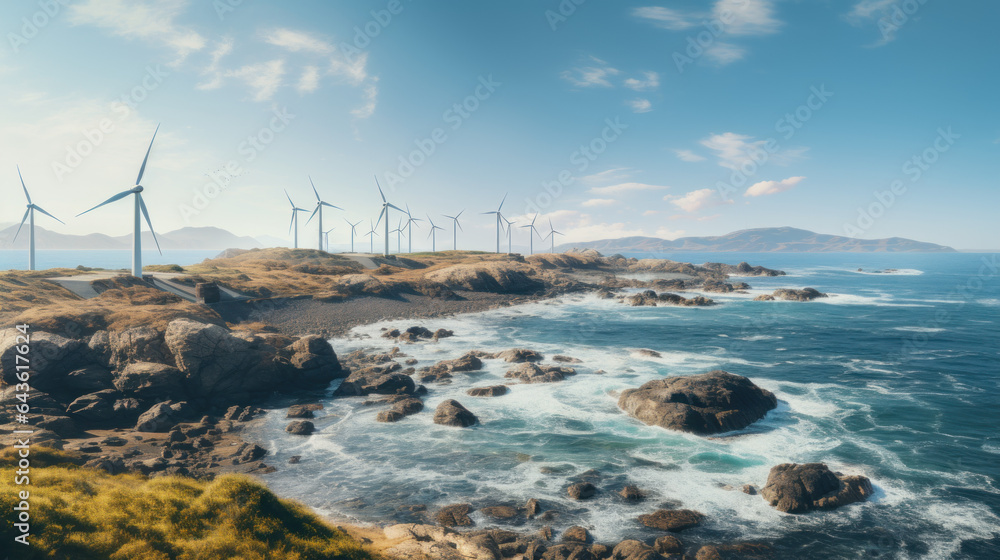 Wind turbines located along the coastline, under a clear sky, symbolizing green energy, sustainability, and wind-powered electricity generation.