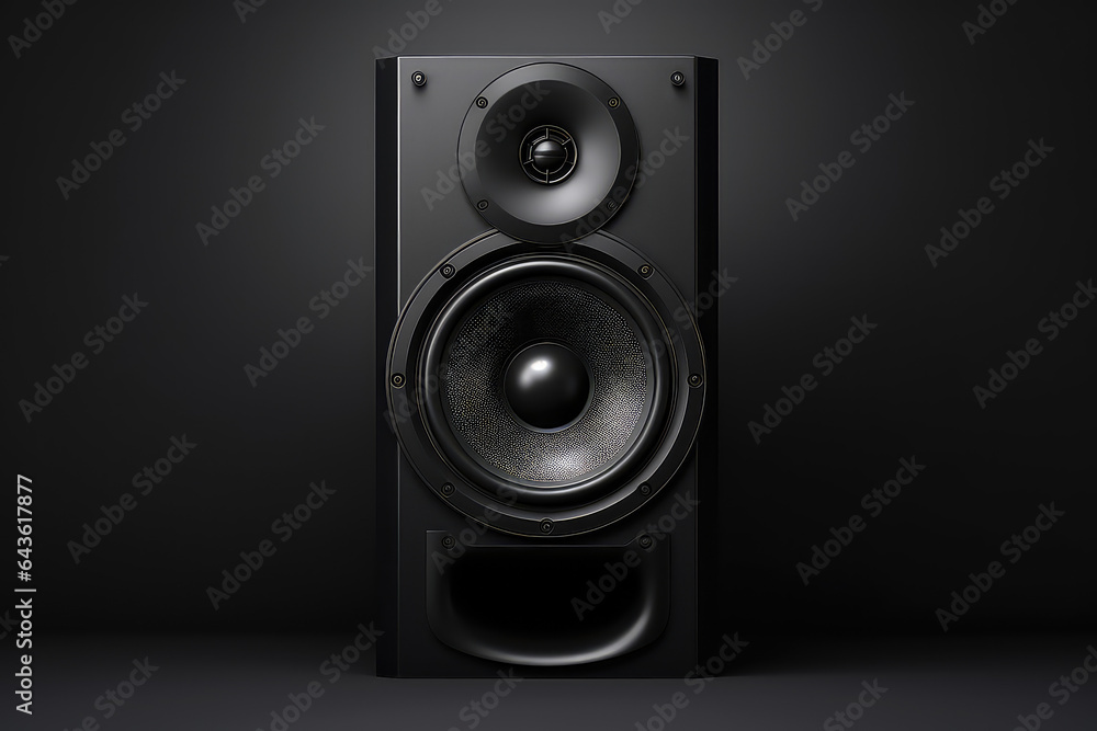 Black music speaker on flat gray background of studio with copy space. 3d render illustration style. Black music speaker on flat gray background of studio with copy space. 3d render illustration style.