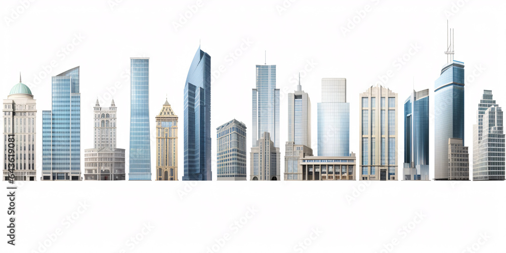 Assortment of distinct skyscrapers, depicted in a illustration, isolated on a white background.