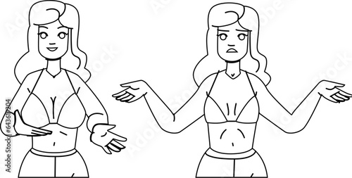 breast surgery vector. woman plastic, female correction, implant body, chest operation, mammary lift breast surgery character. people black line illustration