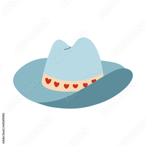 Cute hand drawn cowgirl hat. Sheriff girl hat with hearts in cowboy and cowgirl western theme. Simple colorful doodle for horse ranch and wild west style. Vector clipart isolated on background.